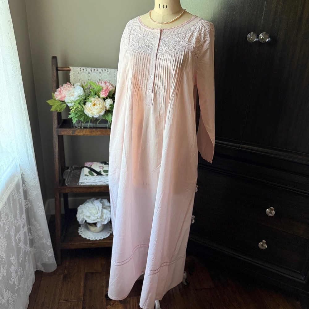Pink Cotton Nightgown Lace Embroidered Pintuck Maxi Long Sleeve NWT Cottagecore
